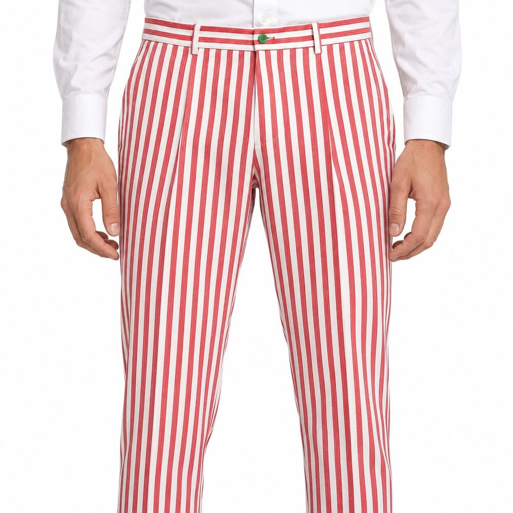 Mens 36 Red White Striped Cotton Slim Fit Flat Front Dress Pants Trousers NWT